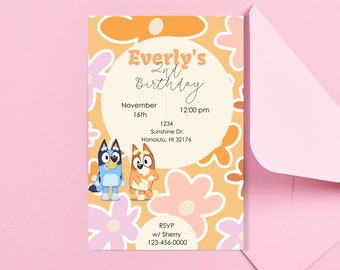 Invitación de cumpleaños editable de Bluey. Azulado. Niña Bluey 1er cumpleaños 2do cumpleaños Groovy