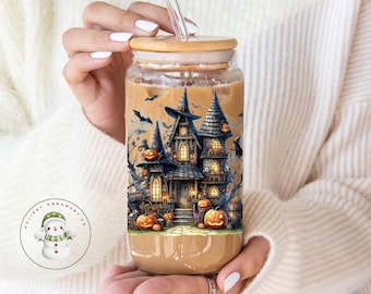 Spooky Haunted House Coquette Glass Tumbler Cup | Halloween Iced Coffee Cup | 16 oz/20 oz | Cute Halloween Lover Cup | Gifts for Her