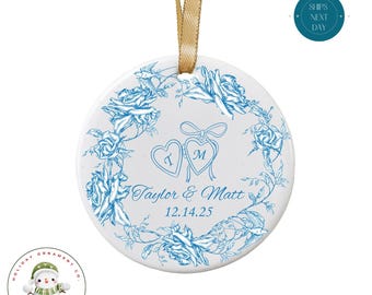 Personalized Blue Toile Couples Ornament: Custom Ceramic Christmas Ornament Gift