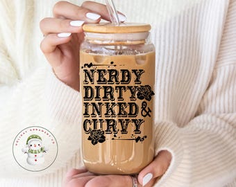 Nerdy Dirty Inked and Curvy Glass Tumbler | Tattoo Girl Iced Coffee Cup | 20 oz | Emo Gothic | Gift for Curvy Girl