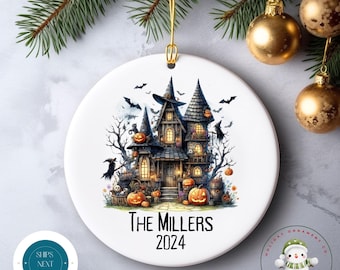 Personalized Family Name Halloween Ornament | Haunted House Halloween Glass or Ceramic Holiday Ornament | Spooky Holiday Gift