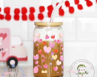 Watercolor Hearts Valentine Libbey Glass Tumbler | Girlfriend Wife Gift Girly Iced Coffee Cup | 16 oz or 20 oz | Party Favors