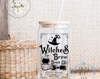 Witches Brew Drink Co. Glass Tumbler Cup | Halloween Iced Coffee Cup | 16 oz/20 oz | Spooky Halloween Cup | Gifts for Her