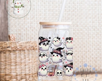 Coquette Cute Ghosts Glass Tumbler Cup | Girly Halloween Season Iced Coffee Cup | 16 oz/20 oz | Gifts for Her