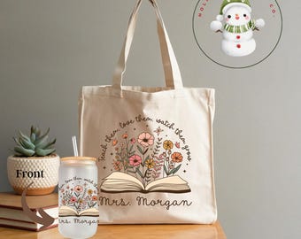 Teacher Tote Bag and Personalized Glass Cup, Teach them Watch them Grow, Choose Large Tote Gift Bag and Ice Coffee Cup Lid/Straw