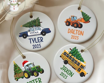 Personalized Vehicle Ceramic Christmas Ornament: Tractor School Bus Police Car