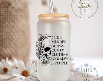 Murder Shows Comfy Clothes Glass Tumbler Cup | Funny Halloween Libbey Iced Coffee Cup | 16 oz/20 oz | Gifts for Her