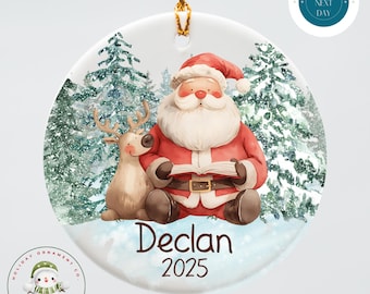 Personalized Santa Reading Reindeer Christmas Ornament | 2025 Holiday Ornament | Sibling Ornament