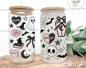 Spooky Girl Halloween Glass Tumbler Cup: Black & Pink Iced Coffee Cup