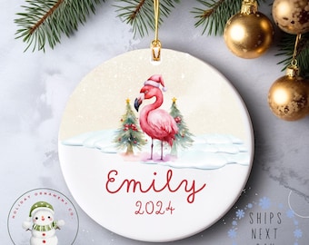 Pink Flamingo Personalized Name Christmas Ornament | Fun Kids Ceramic Holiday Ornament | Keepsake Gift Baby