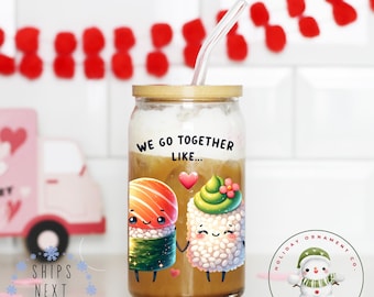Sushi Valentine Libbey Glass Tumbler | Girlfriend Wife Gift Girly Iced Coffee Cup | 16 oz or 20 oz | Book Club Cup | Party Favors