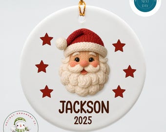Personalized Faux Yarn Santa Ceramic Holiday Ornament | Kids Name Christmas Ornament