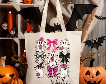 Coquette Ghosts and Bows Personalized  Halloween Trick or Treat Bag | Candy Halloween Tote | Custom Kids Halloween Bag