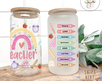 Teacher Rainbow Glass Libbey Cup Lid Straw | Teacher Inspire Iced Coffee  | 16 oz/20 oz | Teacher Appreciation | End of Year Present