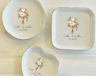 Boho Mr. And Mrs. Wedding Date Ring Trinket Dish | Anniversary Date Ring Dish | Custom Jewelry Dish | Wedding Bride Gift | Gift for Her