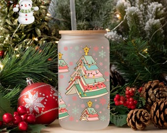 Bookish Christmas Trees Glass Tumbler Cup | Book Tree Stack Holiday Iced Coffee Cup | 16 oz/20 oz | Cute Xmas Cup | Book Club Gift