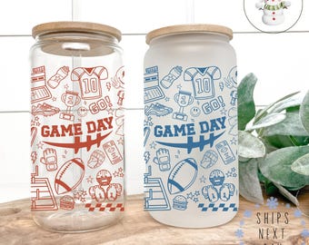Personalized Football Game Day Glass Libbey Cup with Lid and Straw 16oz/20oz