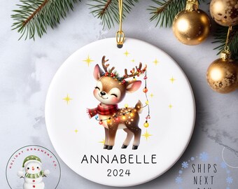 Reindeer in Lights Personalized Name Christmas Ornament | Cute Kids Glass or Ceramic Holiday Ornament | Keepsake Gift