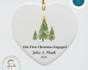 First Christmas Engaged Ornament: Watercolor Tree Ceramic Keepsake