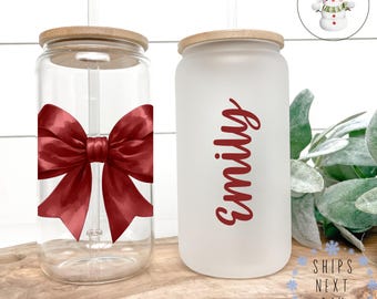 Cheer Bow Personalized Glass Tumbler Cup | Cheerleading Name School Colors Iced Coffee Cup | 16 oz/20 oz | Team Cup | Team Gift