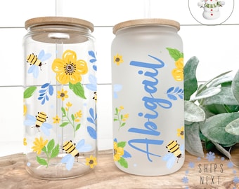 Personalized Bees and Flowers Glass Tumbler Cup | Custom Libbey Iced Coffee Cup | 16 oz/20 oz | Wedding Party Gift Cup | Gift for Her