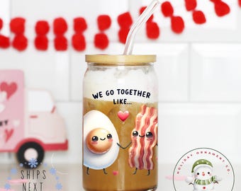 Eggs and Bacon Valentine Libbey Glass Tumbler | Girlfriend Wife Gift | Girly Iced Coffee Cup | 16 oz or 20 oz | Party Favors