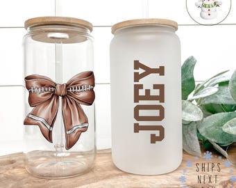 Coquette Football Bow Personalized Glass Tumbler Cup | Football Mom Player Name Iced Coffee Cup | 16 oz/20 oz | Sports Mom Cup