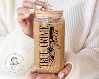 True Crime Junkie Glass Tumbler Cup | Murder Mystery Iced Coffee Cup | 16 oz/20 oz | Crime Show Watcher Cup | Gifts for Her