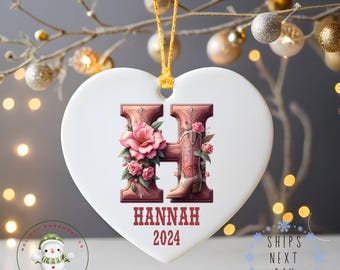 Cowgirl Personalized Letter Name Christmas Ornament | Keepsake Ceramic Holiday Ornament | Farm  Gift Baby