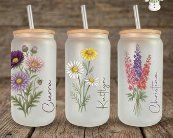 Personalized Watercolor Birth Month Glass Libbey Coffee Cup | Birthday Gift | Wedding Bridesmaid Gift