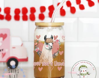I Love You a Llama Libbey Glass Tumbler | Girlfriend Wife Gift Girly Iced Coffee Cup | 16 oz or 20 oz | Valentine Cup | Party Favors