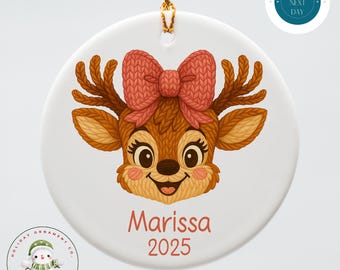 Personalized Faux Yarn Girl Reindeer Ceramic Holiday Ornament | Kids Name Christmas Ornament
