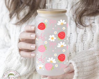Pink and Red Strawberries Glass Libbey Cup | Summer Iced Coffee Cup | 16 oz/20 oz | Party Favors | Book Club Cup