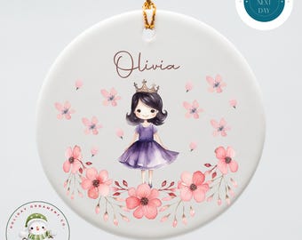Personalized Dark Hair Princess Girls Christmas Ceramic Ornament | Choose your Princess