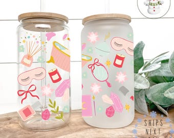 Spa Day Glass Tumbler Cup | Beautician Gift Iced Coffee  | 16 oz/20 oz | Gift for Her | Girly Party Favors