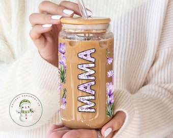 Personalized Mama Floral Glass Tumbler | Custom Mom Iced Coffee Cup | 16 oz or 20 oz | Gifts for Her | Mothers Day Gift Gift | Birthday
