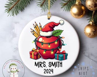 Apple Lights Teacher Name Gift Christmas Ornament | Gift for Teacher Holiday Ornament | Personalized Teacher Gift | Elementary School Gift