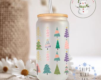 Watercolor Boho Christmas Trees Glass Tumbler Cup | Pretty Holiday Iced Coffee Cup | 16 oz/20 oz | Cute Xmas Cup | Book Club Gift