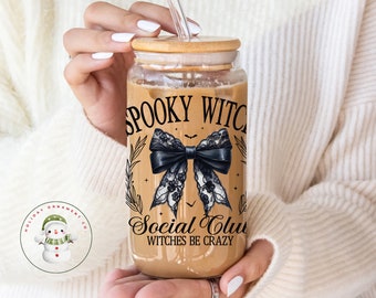 Spooky Witch Social Club Glass Tumbler Cup | Halloween Coquette Iced Coffee Cup | 16 oz/20 oz |  Gifts for Her