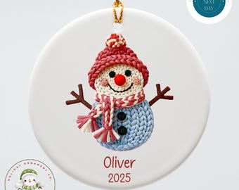 Personalized Faux Yarn Boy Snowman Ceramic Holiday Ornament | Kids Name Christmas Ornament