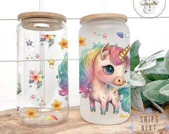 Kawaii Unicorn Rainbow Glass Libbey Cup | Anime Gift Iced Coffee Cup | 16 oz/20 oz | Party Favors | Best Friends Gift