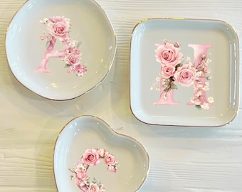 Personalized Pink Rose Initial Ring Dish: Custom Ceramic Trinket Holder