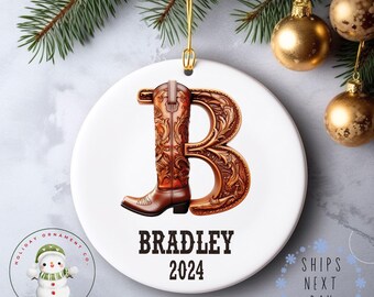 Cowboy Personalized Letter Name Christmas Ornament | Keepsake Ceramic Holiday Ornament | Farm  Gift Baby