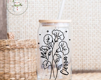 Personalized Birth Flower Glass Tumbler | Custom Birth Flower Iced Coffee Cup | 16 oz/20 oz | Gifts for Her | Mom Gift | Favors