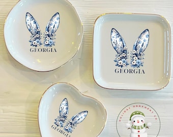 Personalized Blue Toile Easter Bunny Ears Ring Dish: Chinoiserie Floral Trinket Dish