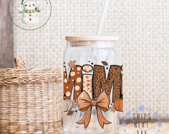 Mimi Fall Glass Tumbler Cup | Thanksgiving Pumpkins Iced Coffee Cup | 16 oz/20 oz | Cute Mimi Cup | Gifts for Her