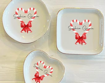 Personalized Candy Cane Heart Ceramic Trinket Dish | Custom Christmas Ring Holder