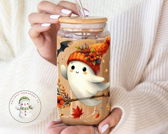 Ghost Witch Broom Coffee Glass Tumbler Cup | Halloween Iced Coffee Cup | 16 oz/20 oz | Cute Girly Fall Cup | Gifts for Her