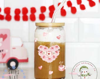 Pink Roses I love You Libbey Glass Tumbler | Girlfriend Wife Gift | Girly Iced Coffee Cup | 16 oz or 20 oz | Valentine Cup | Party Favors