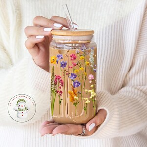 Wildflower Glass Tumbler Cup: Libbey Iced Coffee Cup with Bamboo Lid image 4